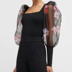 NWT Alice + Olivia sheer floral puff sleeved square neck top